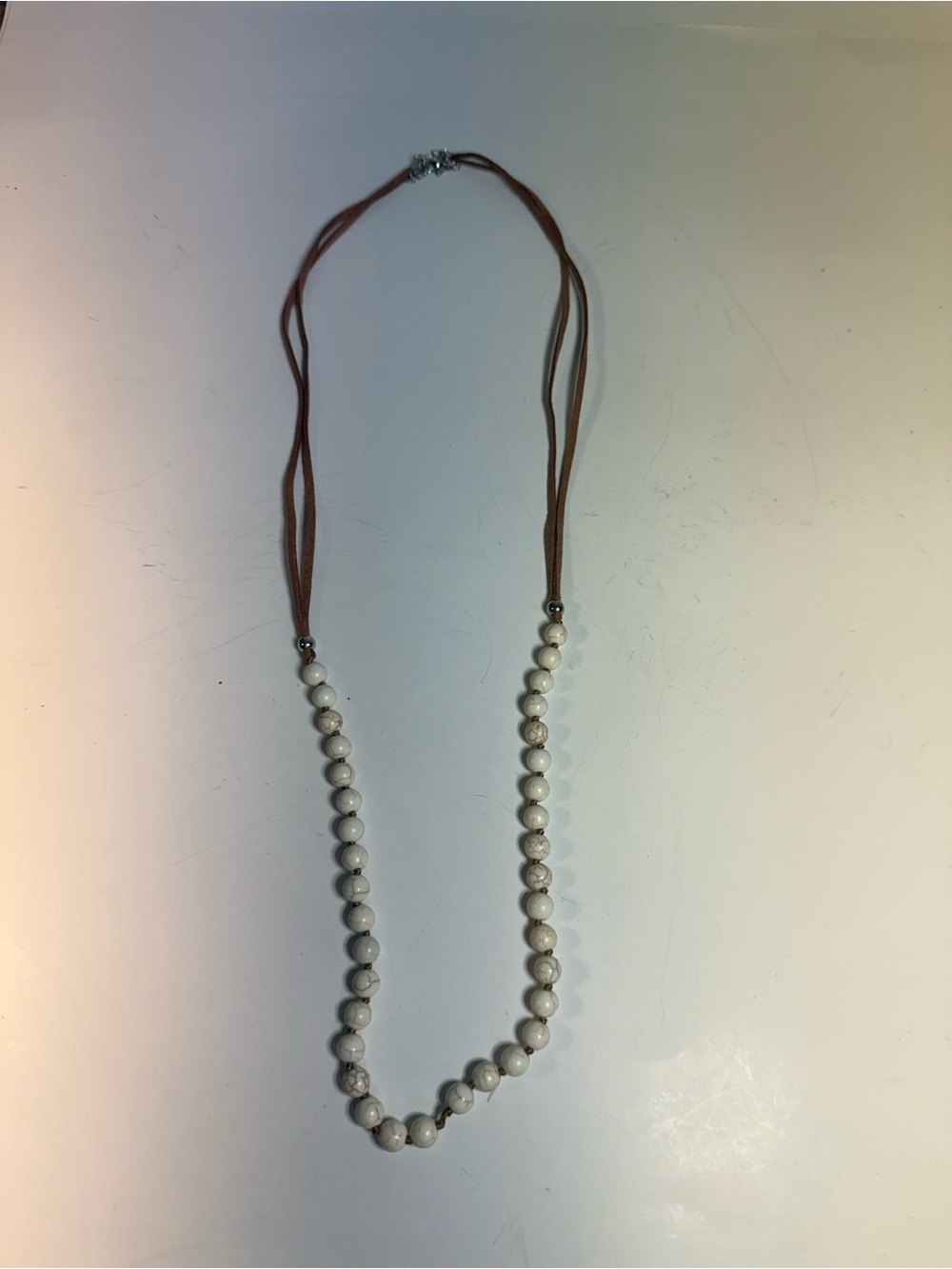 Neutral Stone Bead Necklace with Brown Faux Leather